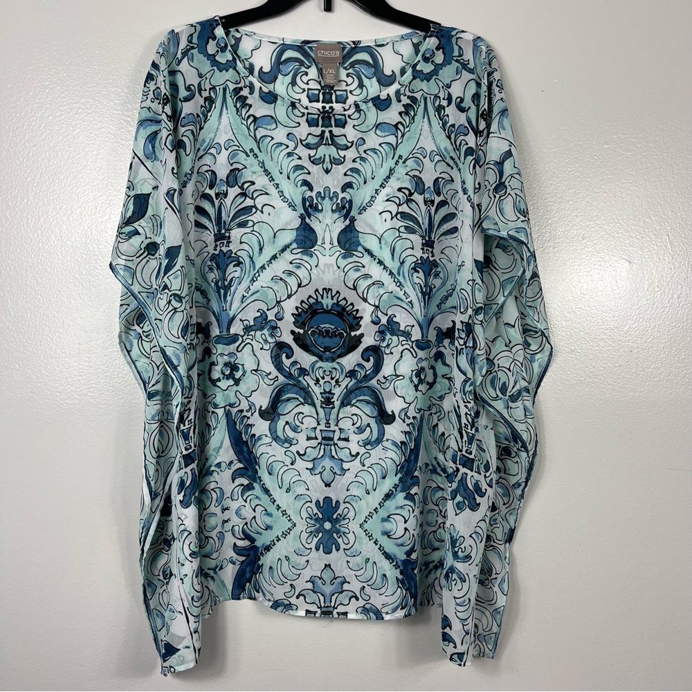 Chicos Mediterranean print sheer kaftan blouse L/XL